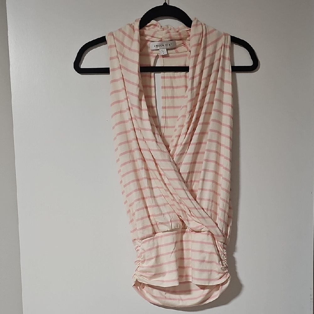 Amour Vert Cream and Light Pink Striped Sleeveless Wrap Top